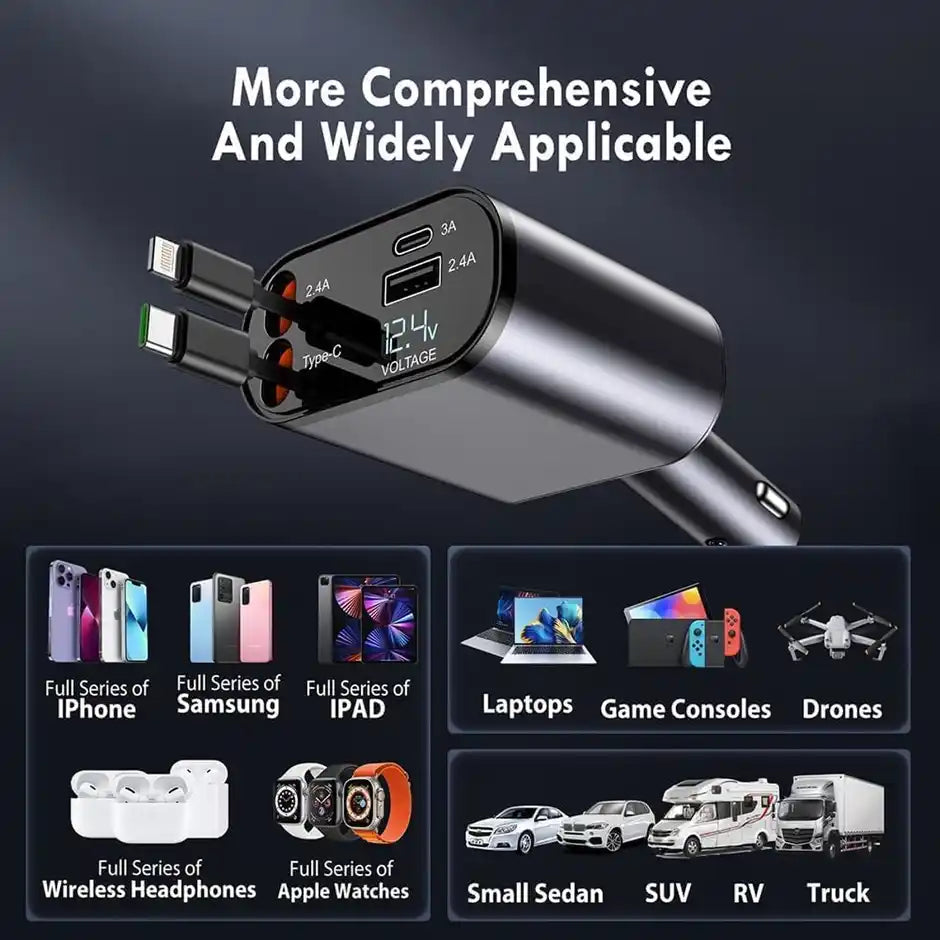 120W 4 in 1 Retractable Car Charger,Super Fast Charge Car Phone Charger,Retractable Cables & 2 USB Ports Car Adapter for Android Phones & iPhone