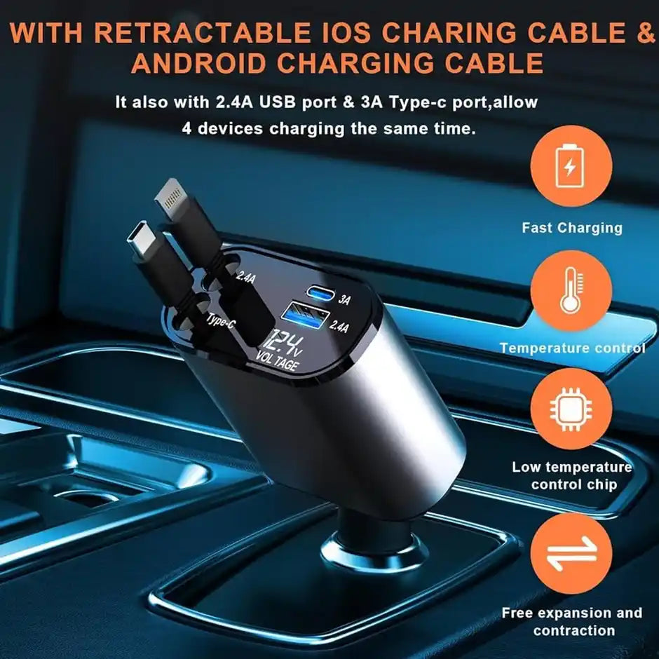 120W 4 in 1 Retractable Car Charger,Super Fast Charge Car Phone Charger,Retractable Cables & 2 USB Ports Car Adapter for Android Phones & iPhone
